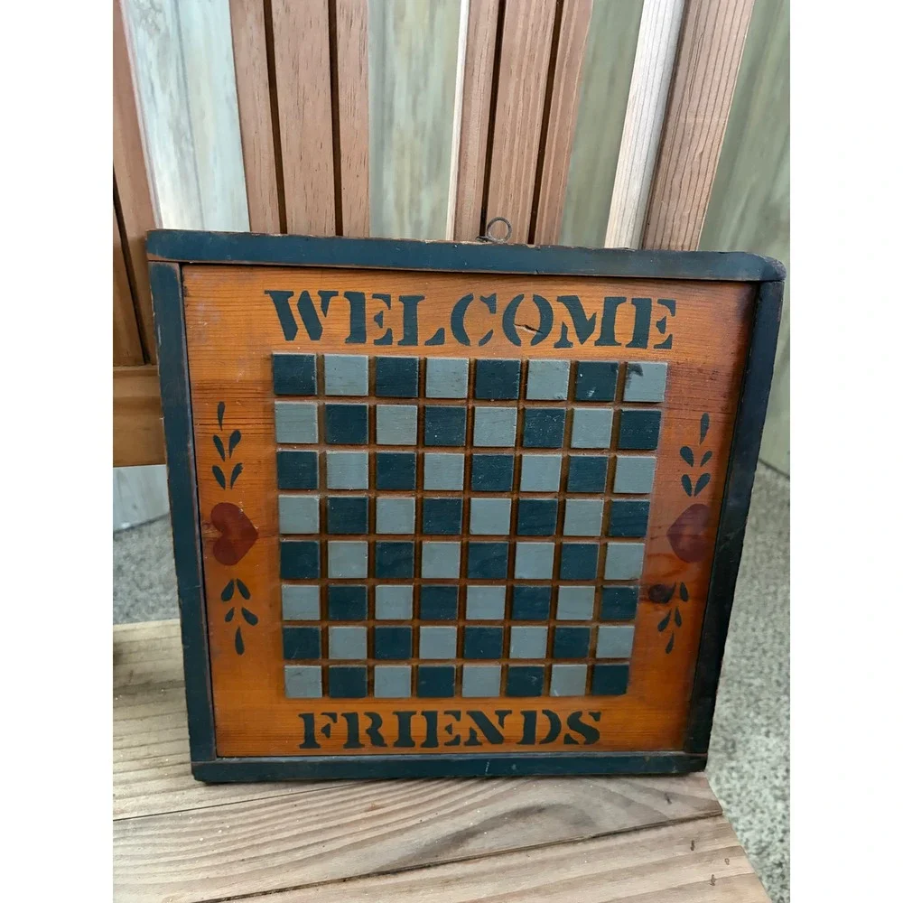 Wooden Welcome Friends Checkerboard Wall Sign Rustic Farmhouse Decor